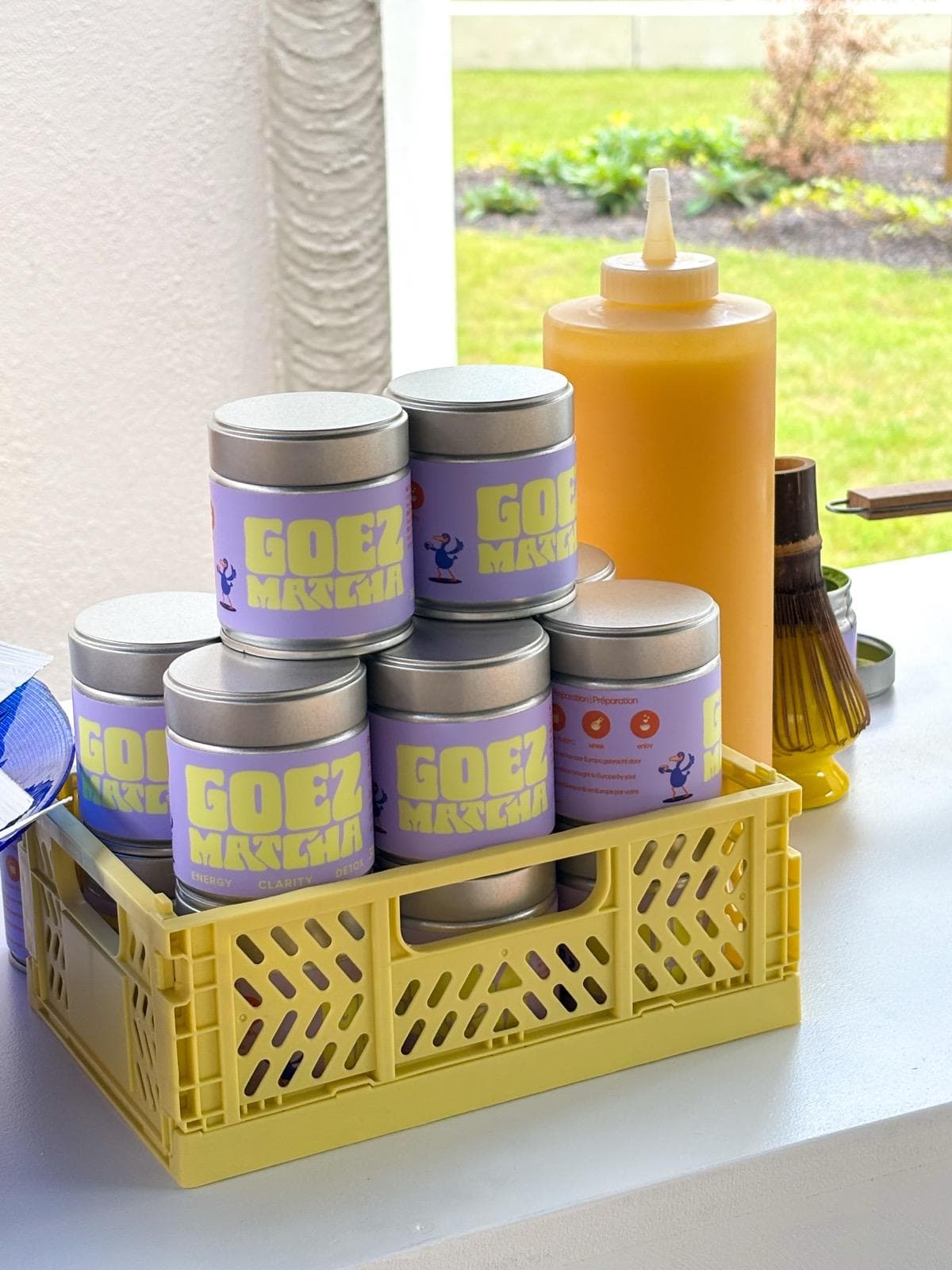 Goez matcha tins in a crate